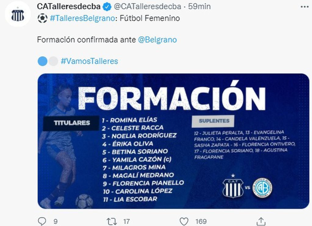 La formación de Talleres, para enfrentar a Belgrano.