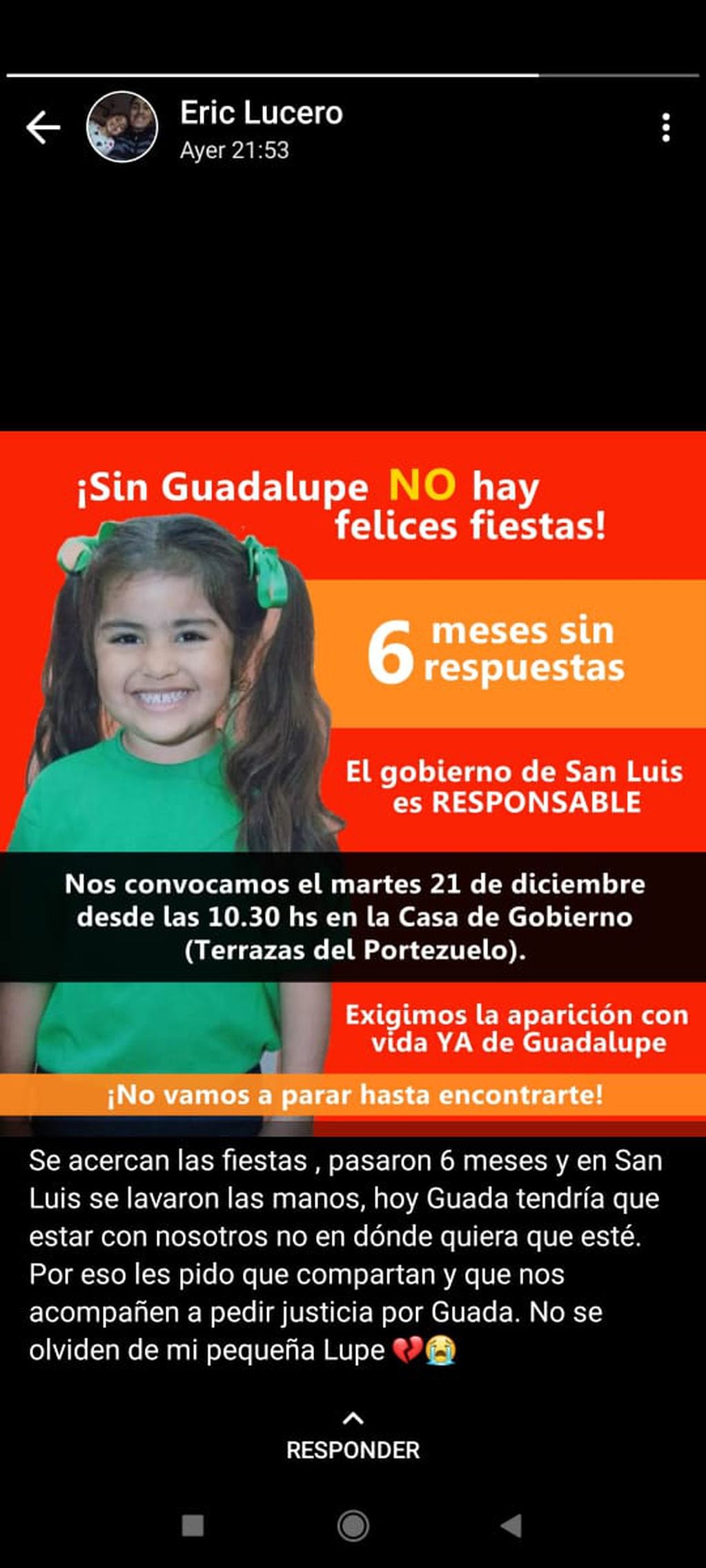 El posteo de Eric Lucero, padre de Guadalupe, a comienzos de esta semana. "Sin Guadalupe no hay felices fiestas".