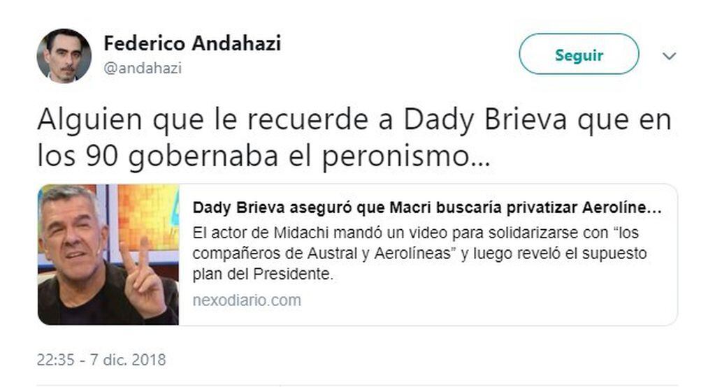 Federico Andahazi cruzó a Dady Brieva en Twitter