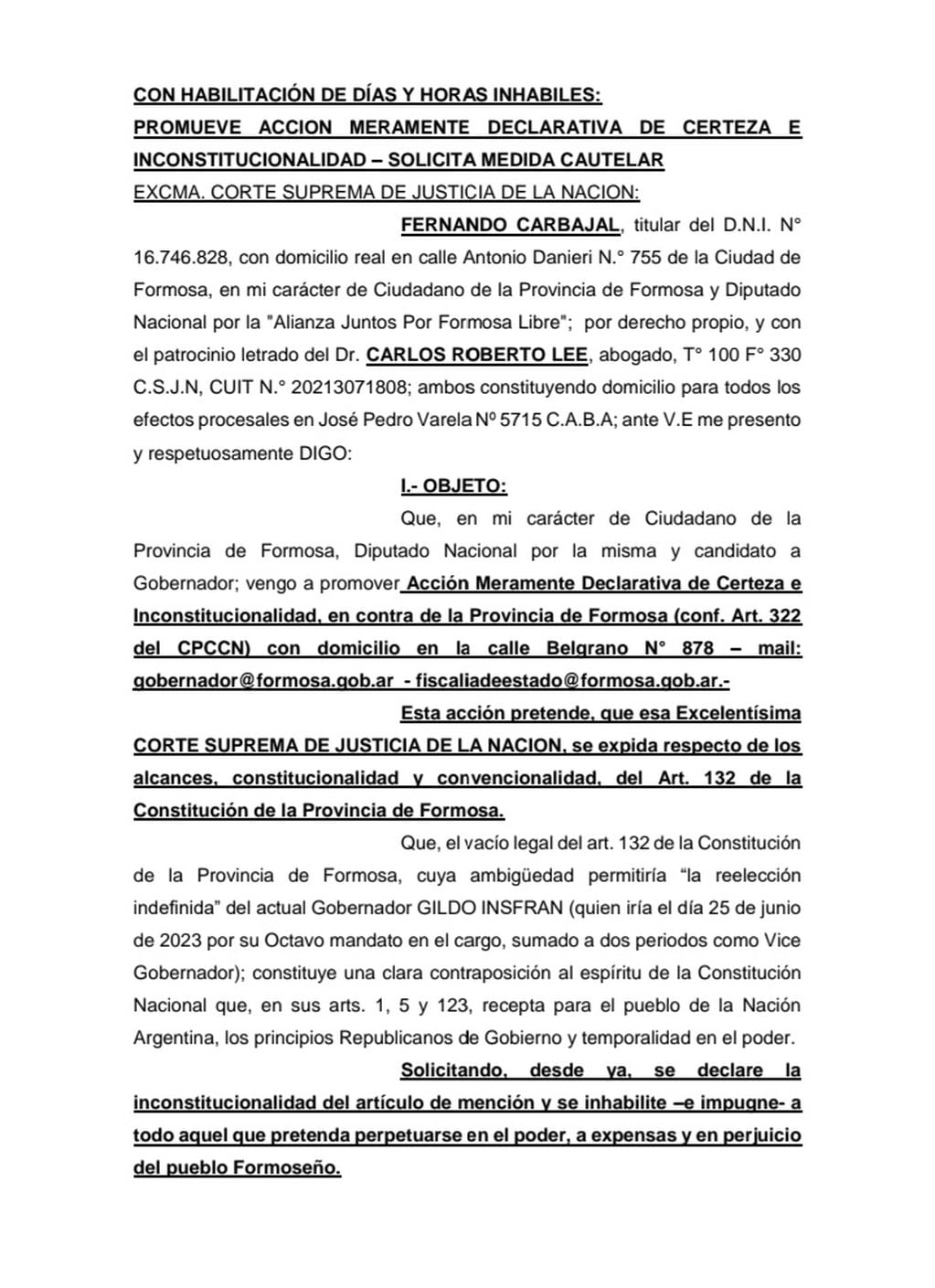 La impugnación que presentó Fernando Carbajal contra Gildo Insfrán en mayo del 2023.
