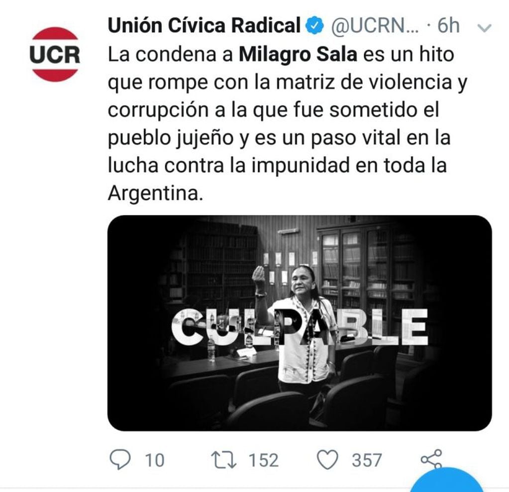 Declaraciones de la Unión Civica Radical en Twitter