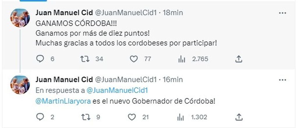 Juan Manuel Cid publicó en su cuenta en Twitter que Martín Llaryora obtuvo un amplio triunfo para gobernador.