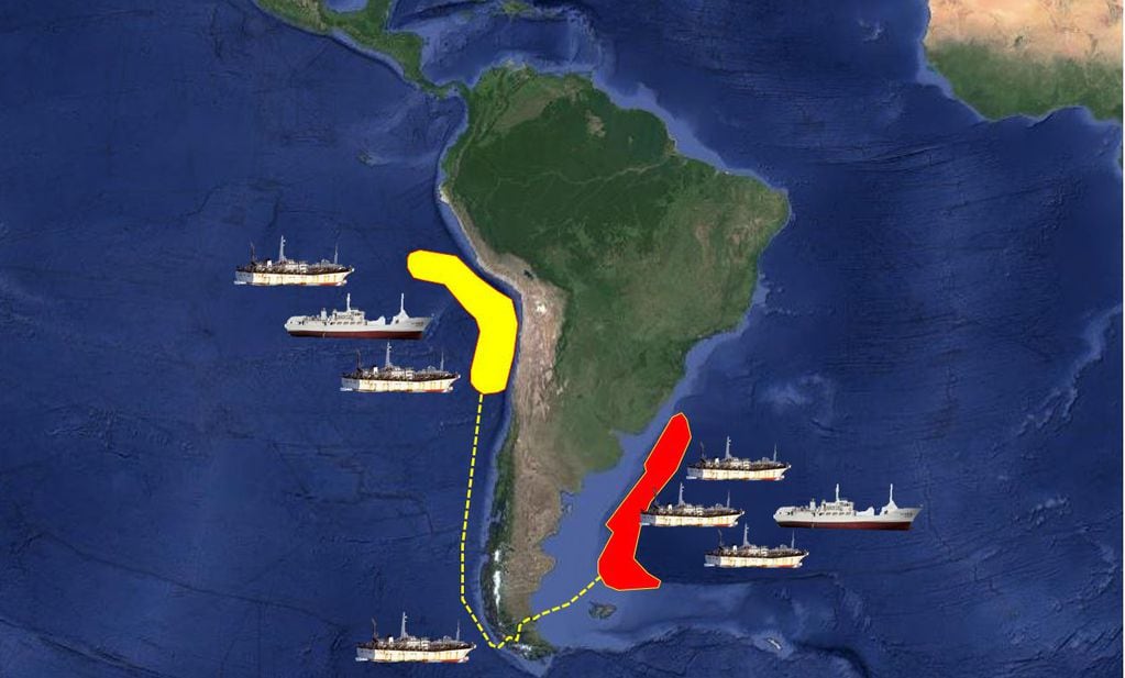 Imagen de los caladeros del Pacífico y Atlántico Sur, donde operan los buques de la flota china pesquera. Ruta por el Estrecho de Magallanes.