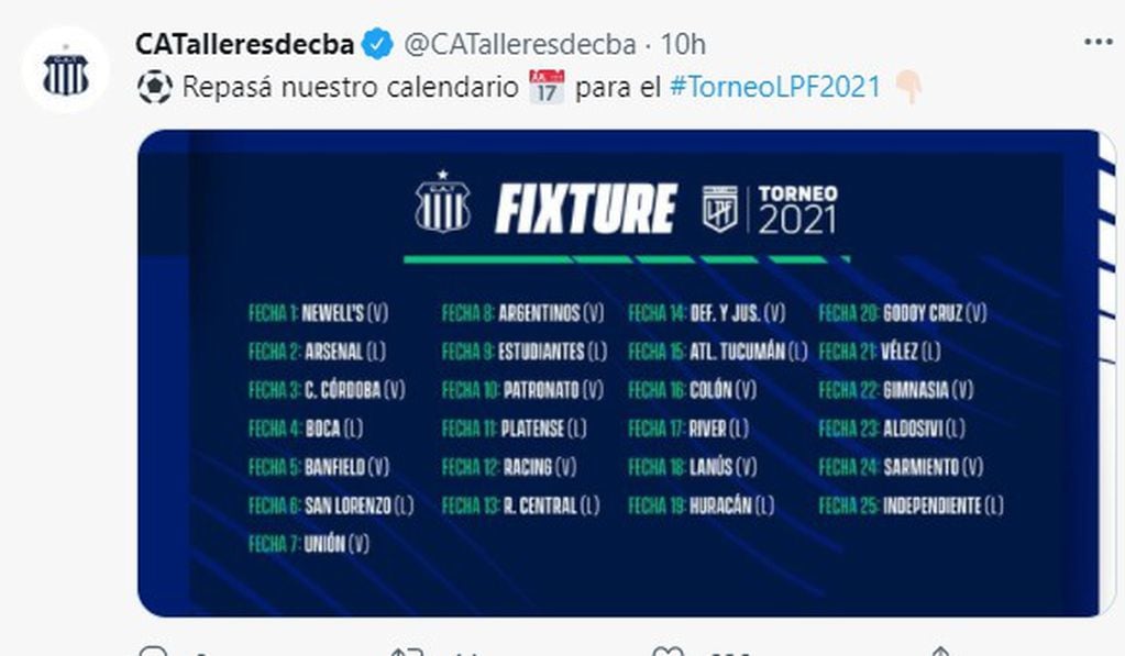 Este sábado Talleres arranca en Liga Profesional. Su fíxture.