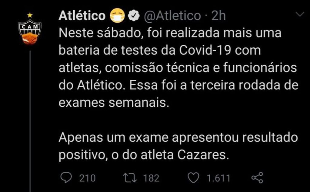 Atlético Mineiro informó el positivo de Juan Cazares. (Twitter)