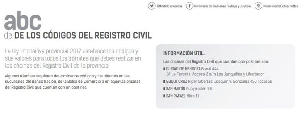 Información de los códigos del Rregistro Civil.