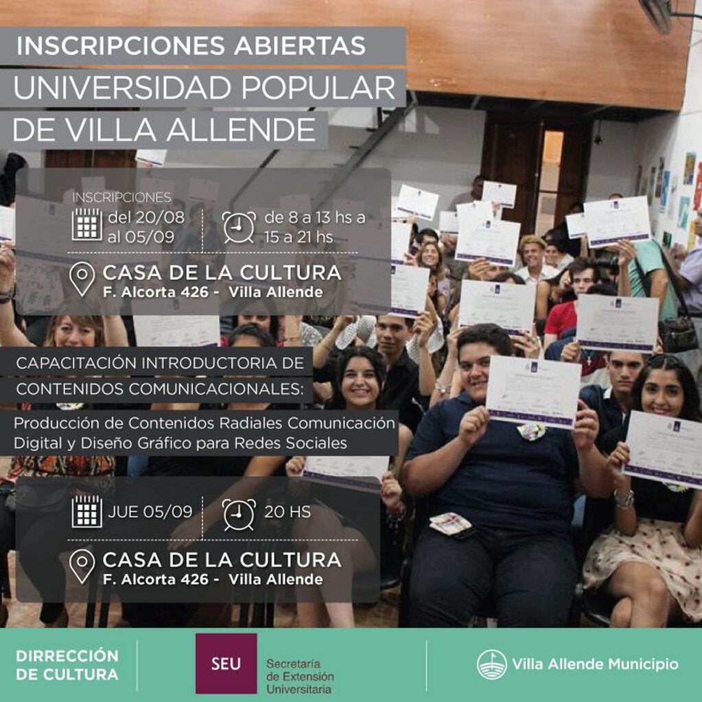 Inscripciones abierta de la Universidad Popular de Villa Allende