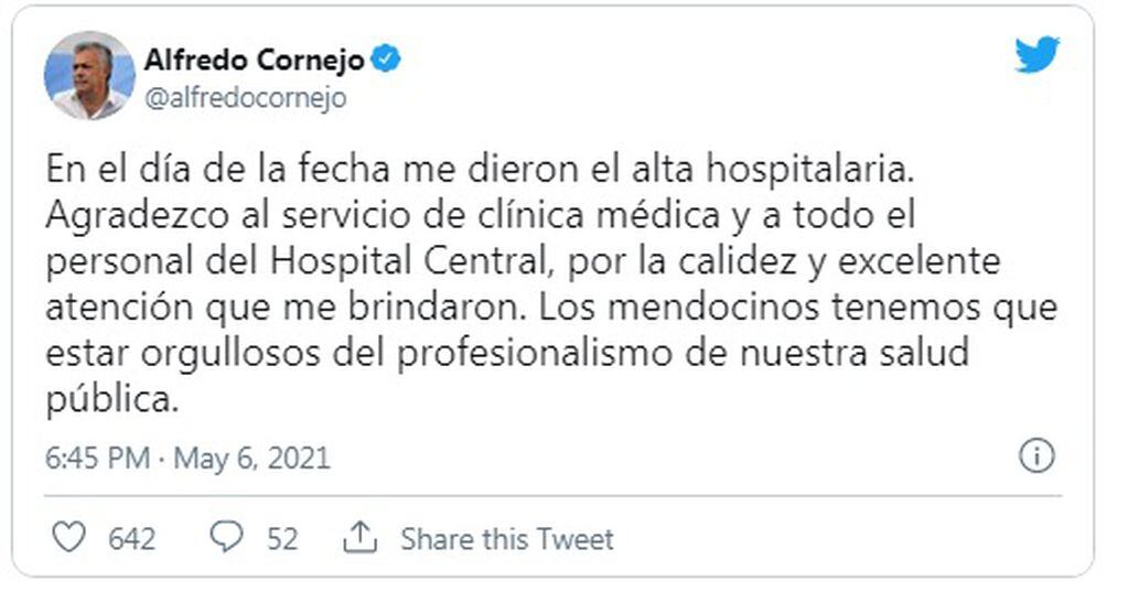Twit del ex gobernador anunciando su alta hospitalaria.