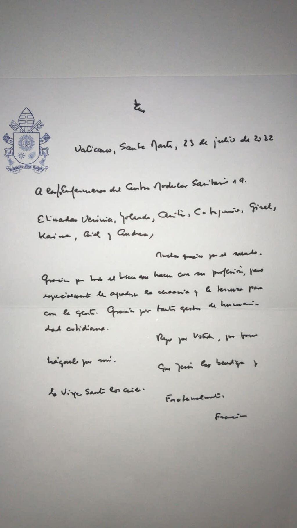El Papa Francisco escribió una carta para agradecerles a las enfermeras chubutenses.