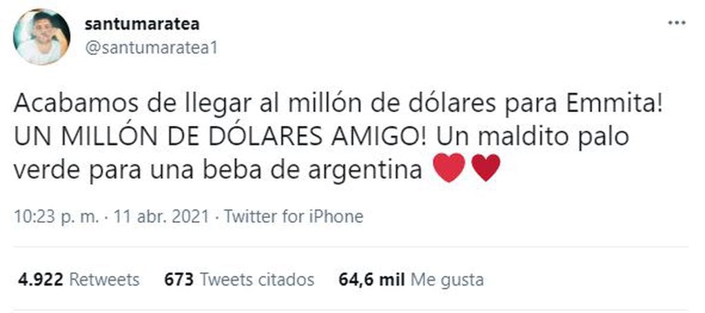 Santi Maratea anunció que llegó al millón de dólares.