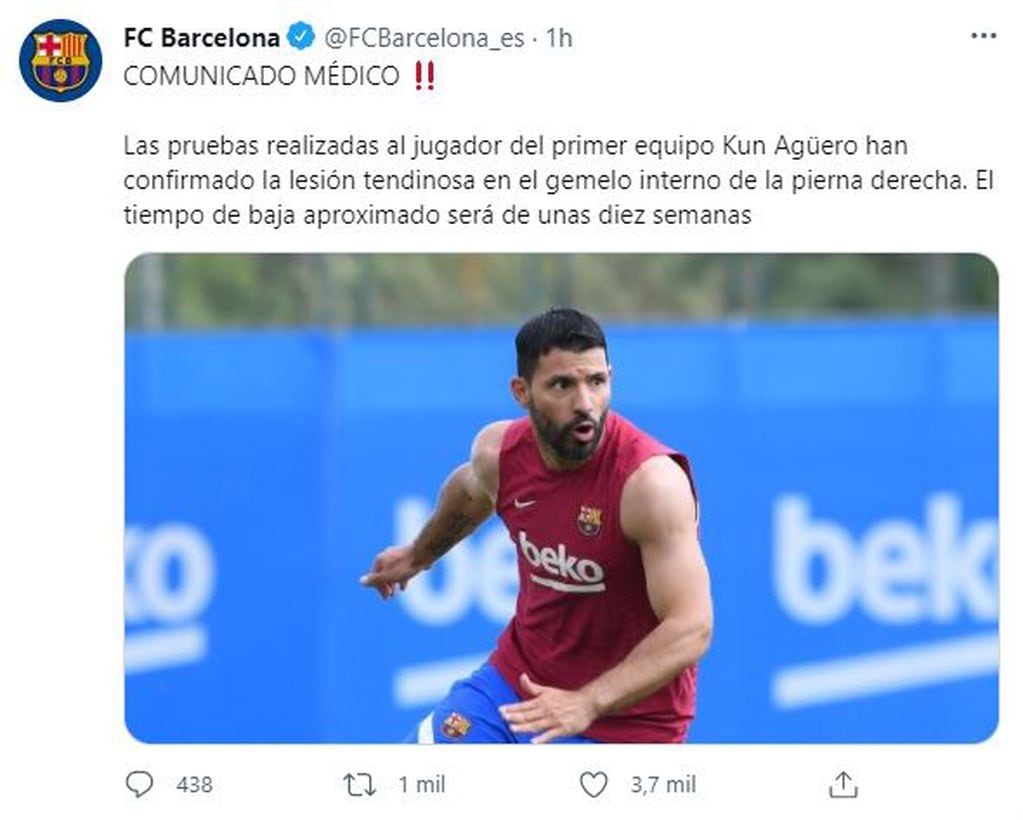 Sergio Agüero será baja por diez semanas.