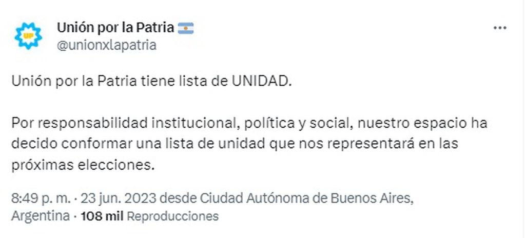 La decisión de Unión por la Patria en Twitter.