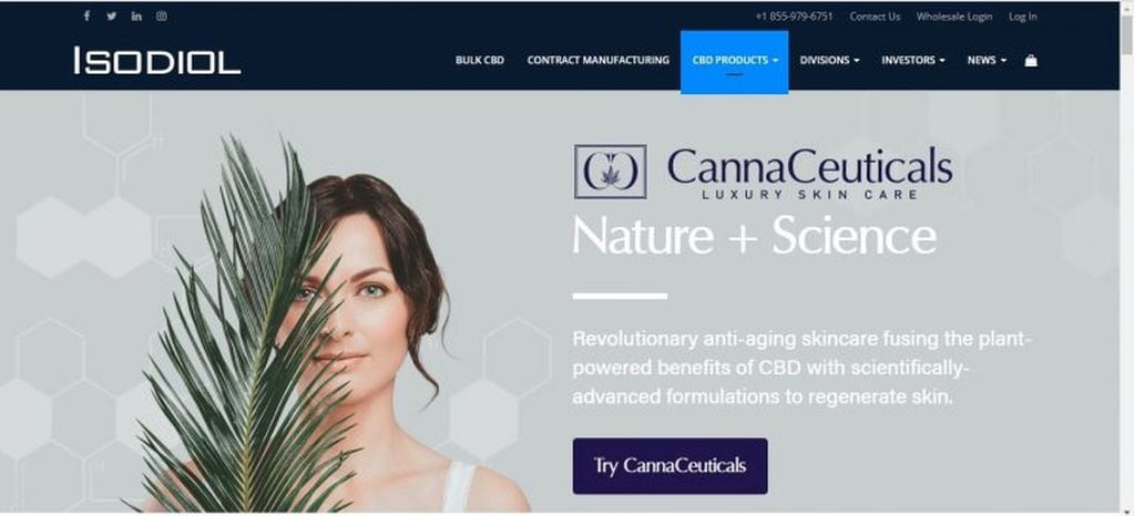 La compañía cuenta con una línea de productos antienvejecimiento formulados en base a cannabidiol, como se ve en su sitio web.