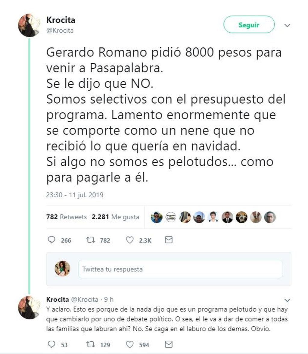La respuesta de la productora de Pasapalabra a Gerardo Romano (Twitter)