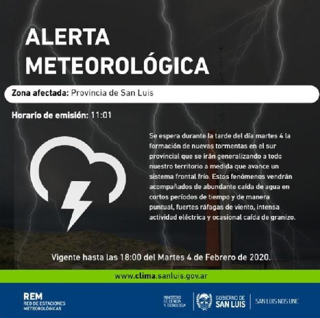 Alerta de tormentas en San Luis.