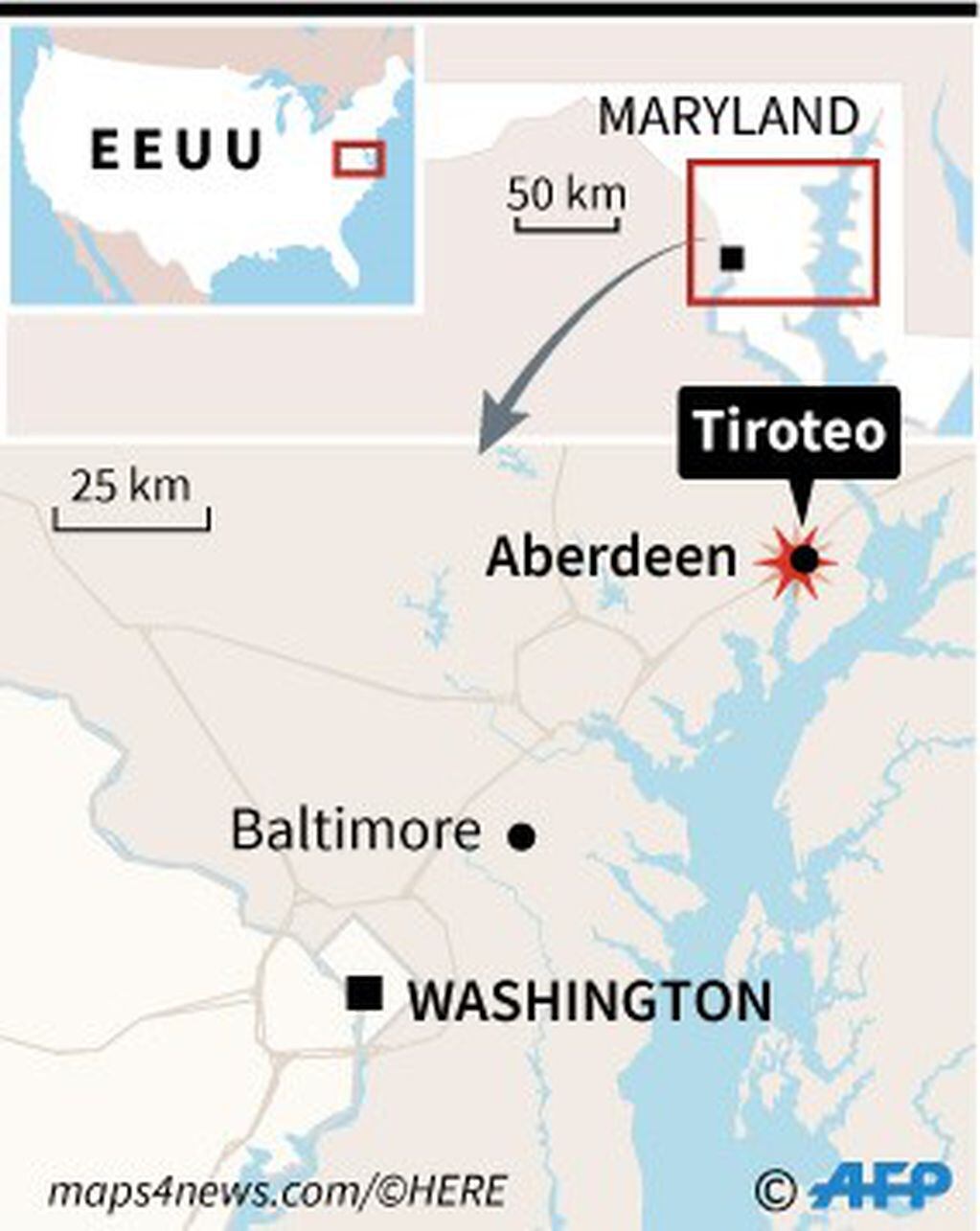 Localización del tiroteo en Maryland, Estados Unidos (AFP).