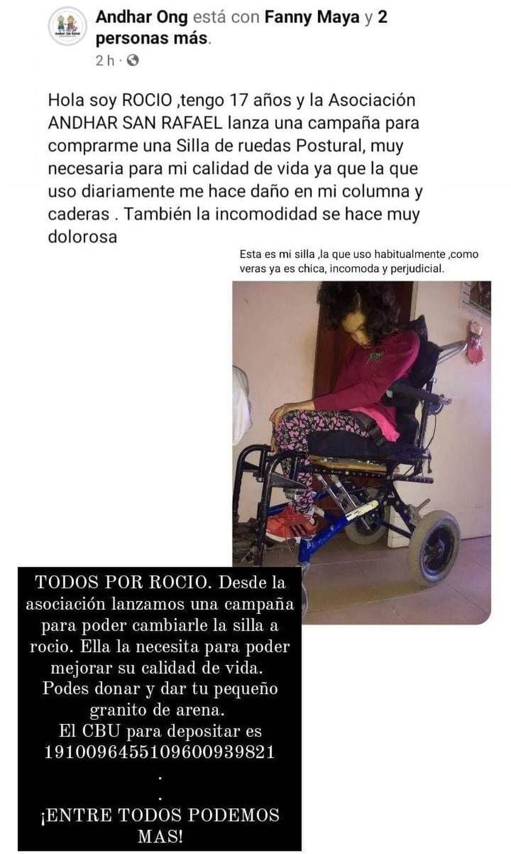 Campaña para ayudar a Rocío a tener una silla de ruedas postural nueva.