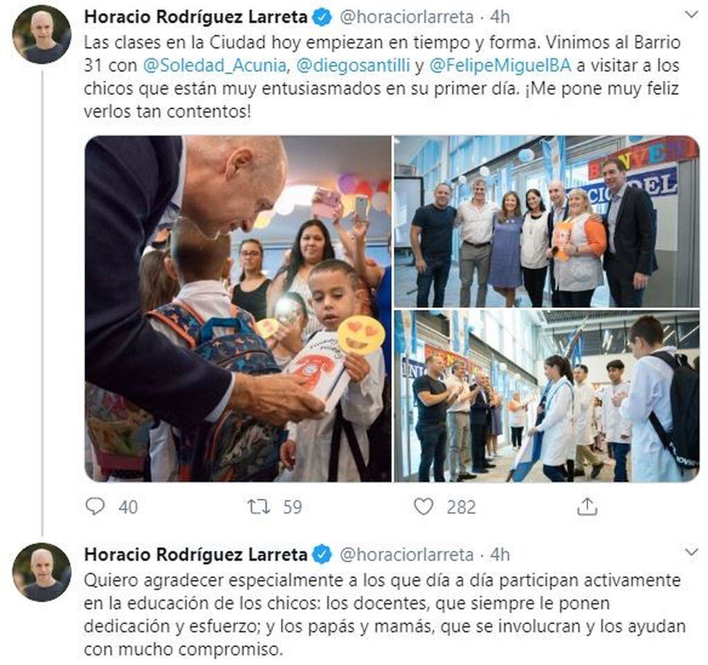 Horacio Rodríguez Larreta valoró que "empezaron las clases en todas las escuelas de la Ciudad". (Twitter/@horaciorlarreta)