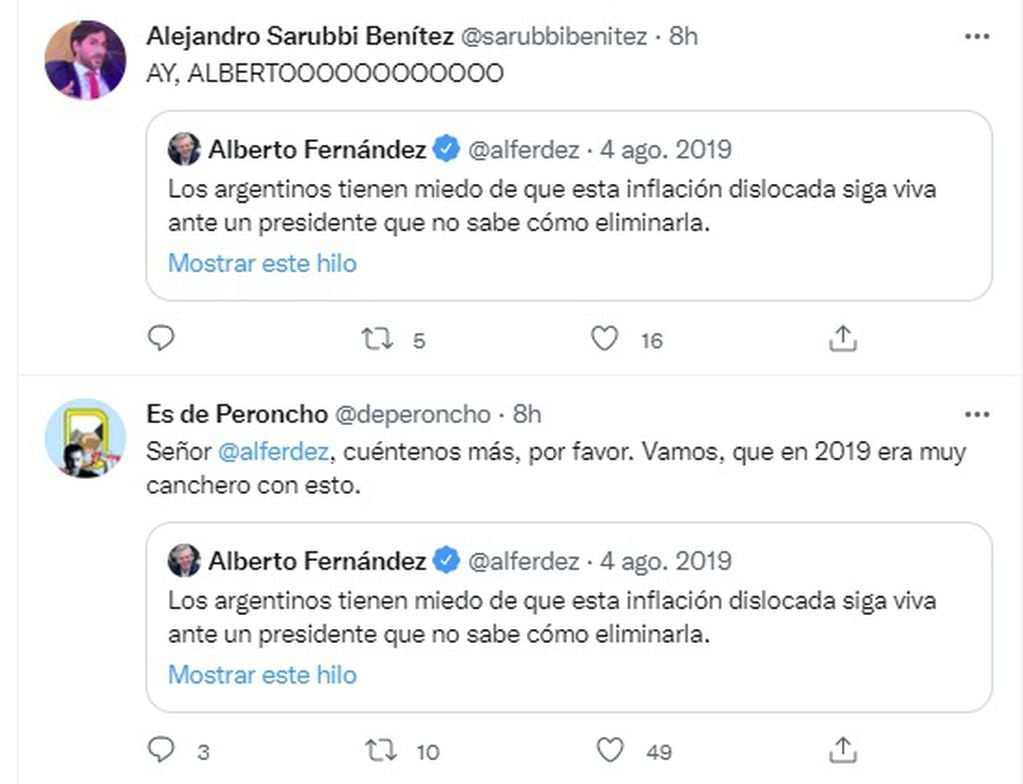 Críticas en Twitter a un viejo de Alberto Fernández sobre la inflación del gobierno de Mauricio Macri. 