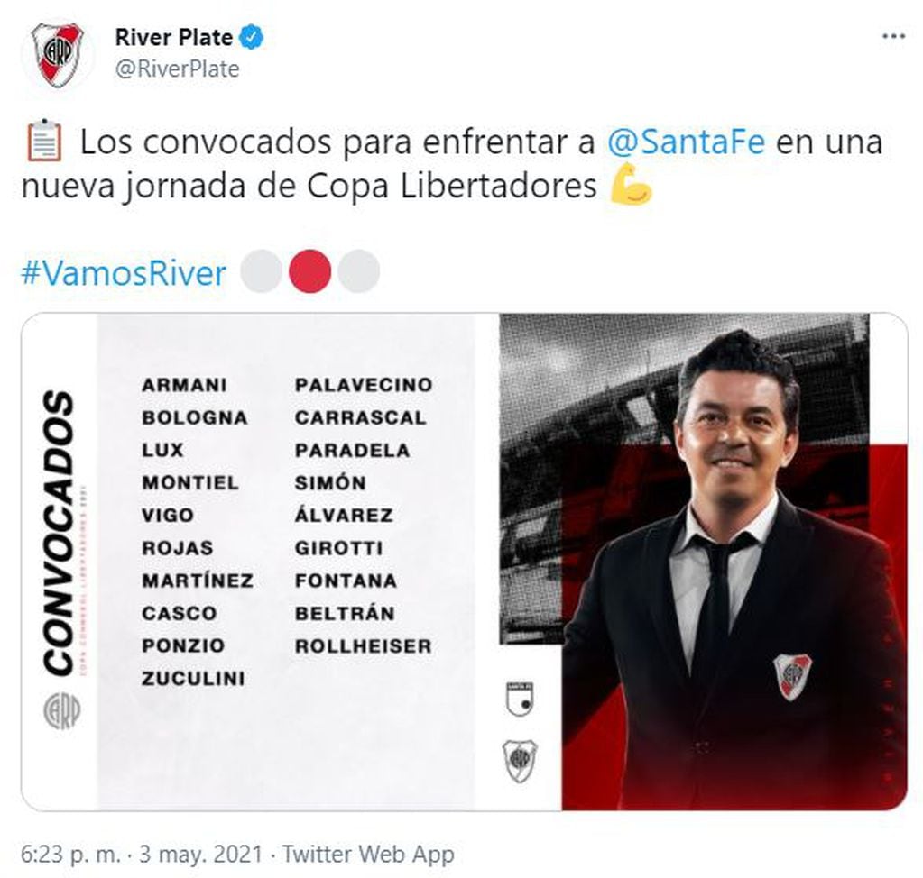 Los convocados de River contra Independiente Santa Fe.