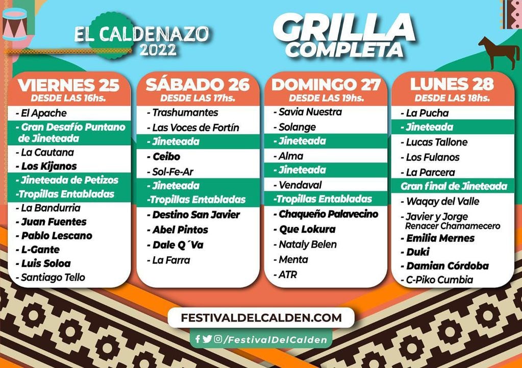 Grilla completa del Festival del Caldén en San Luis