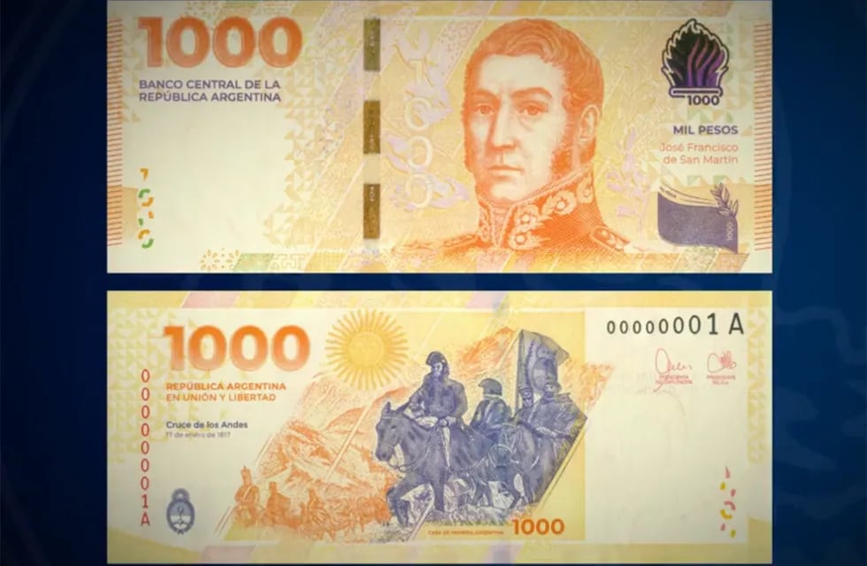 El billete de 1.000 con la cara de San Martín (BCRA).