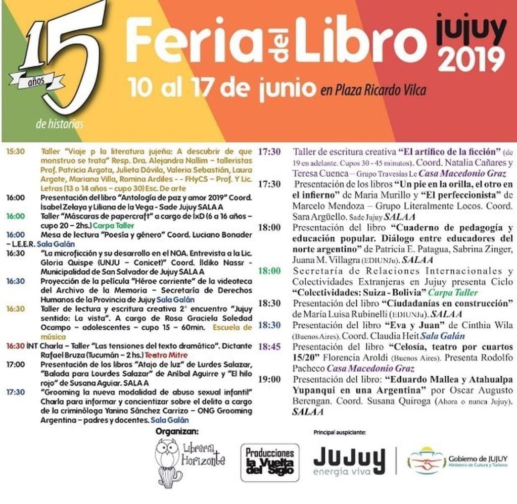 Programación de la Feria del Libro de Jujuy, para este martes.