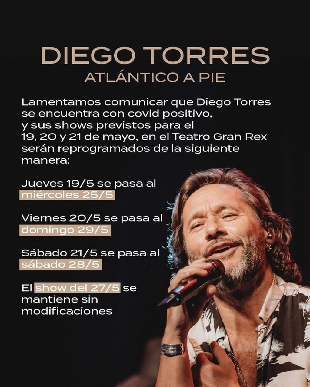 Diego Torres tiene coronavirus y reprogramó sus conciertos en el Gran Rex