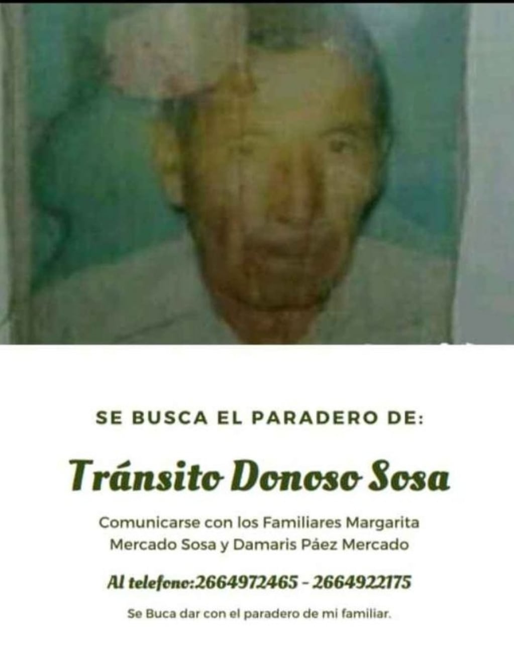 Realizan un intenso rastrillaje en busca de  Donoso Sosa, un hombre mayor que desapareció a fines de diciembre.