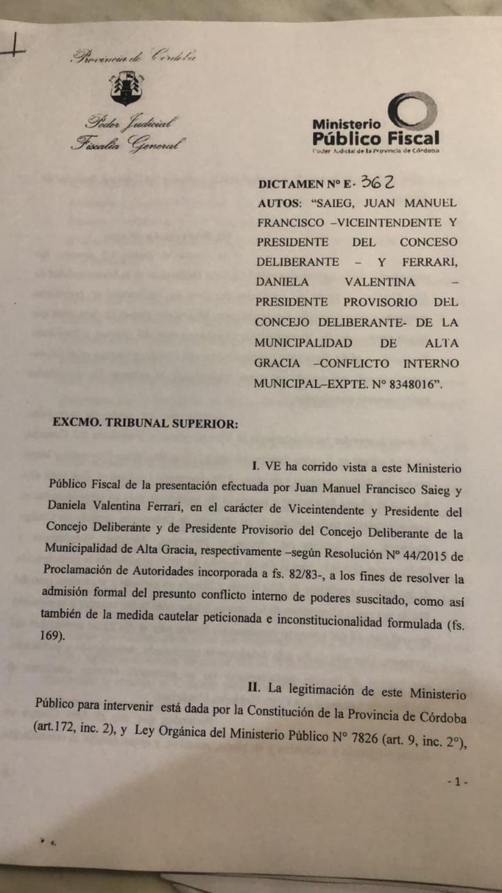 Resolución del Tribunal Superior de Justicia ante la presentación judicial de "Conflicto de poderes" dentro del Concejo Deliberante de Alta Gracia.