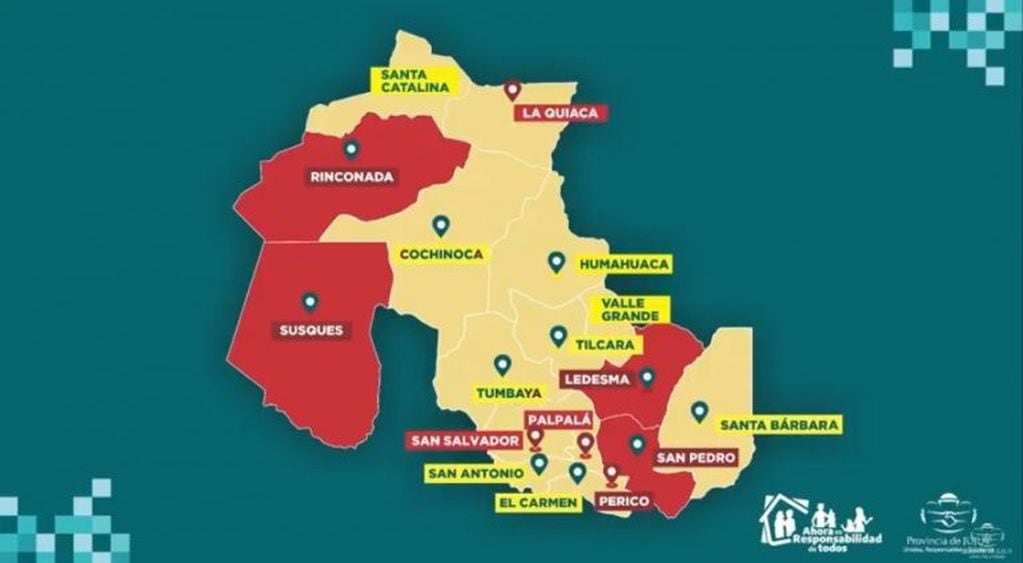 Mapa que muestra las zonas rojas y zonas amarillas en la provincia. Con 10.125 casos registrados, de los cuales 4.290 permanecen activos, Jujuy es uno de los distritos del país con mayor cantidad de contagios registrados desde el inicio de la pandemia.