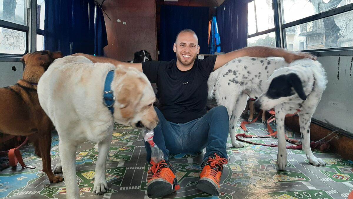 León Sipes junto a sus amigos caninos en su colectivo.