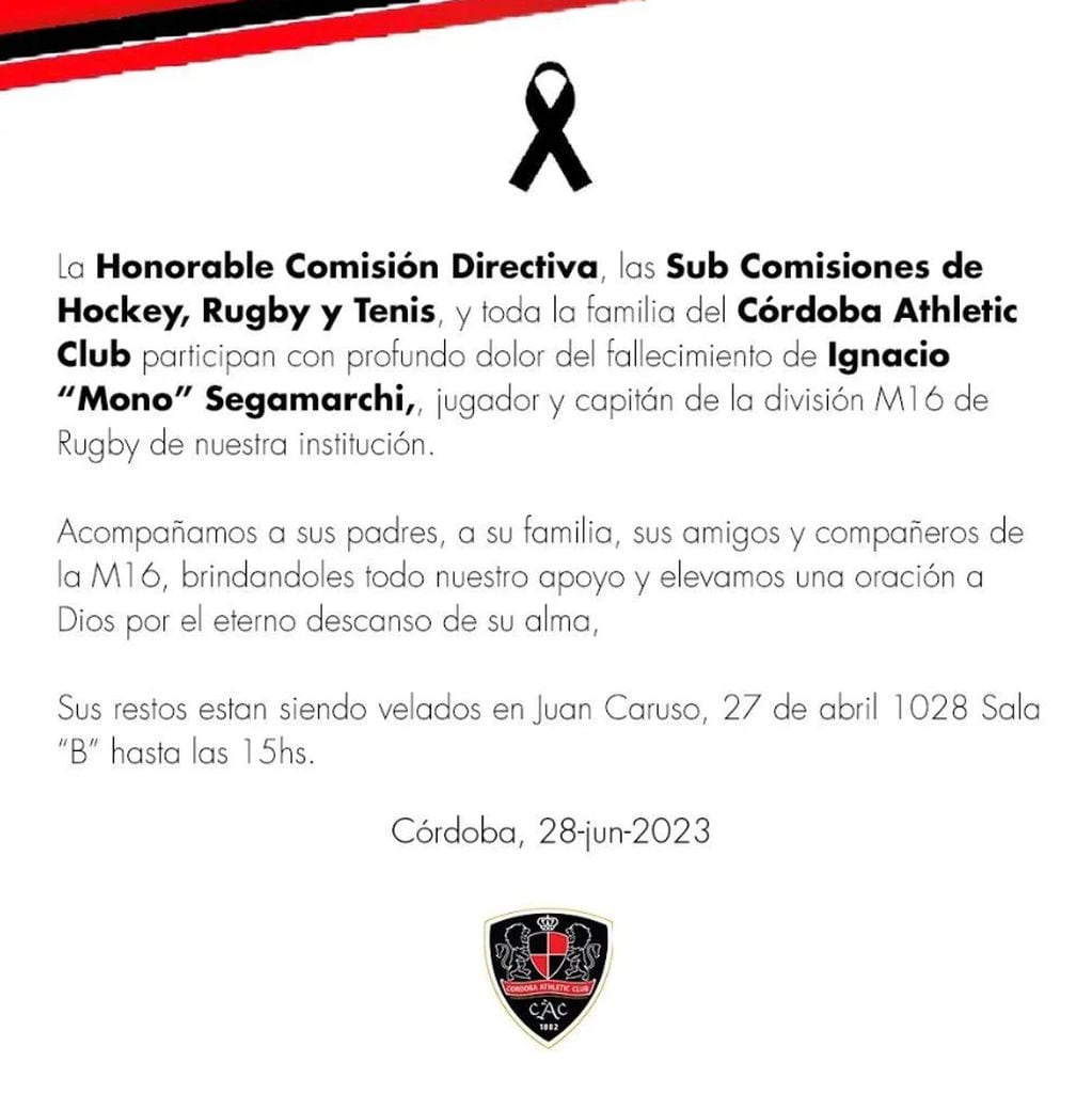 El mensaje del Córdoba Athletic Club por el deceso de un jugador adolescente (Facebook).