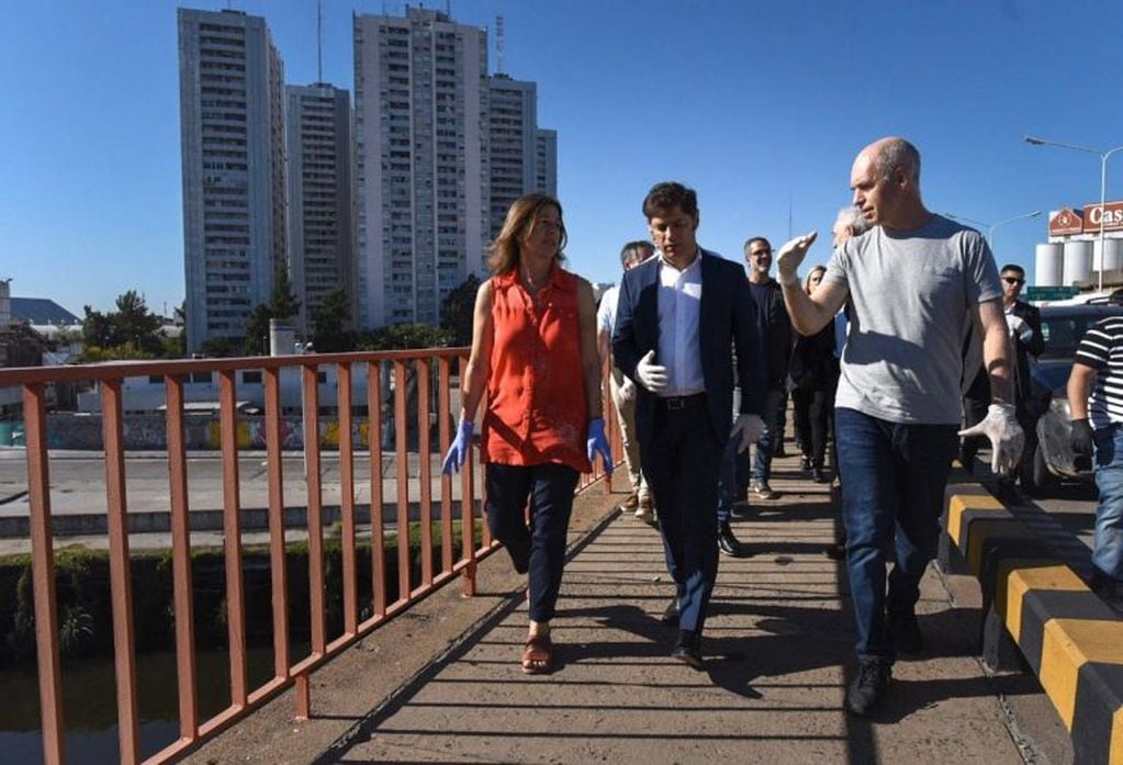 Frederic, Kicillof y Rodríguez Larreta en el Puente Pueyrredón. (Foto: GCBA)