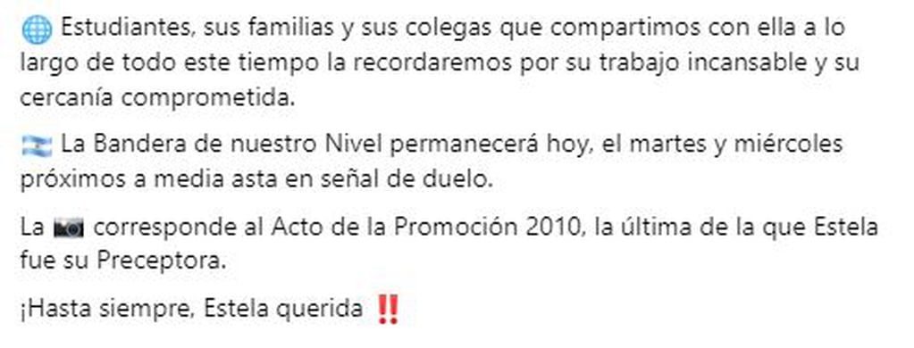 Mensaje de Escuela Velez Sarsfield sobre el fallecimiento de Estela Rio