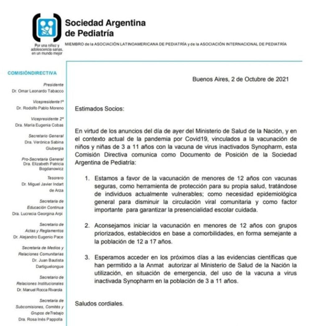 El comunicado de la Sociedad Argentina de Pediatría