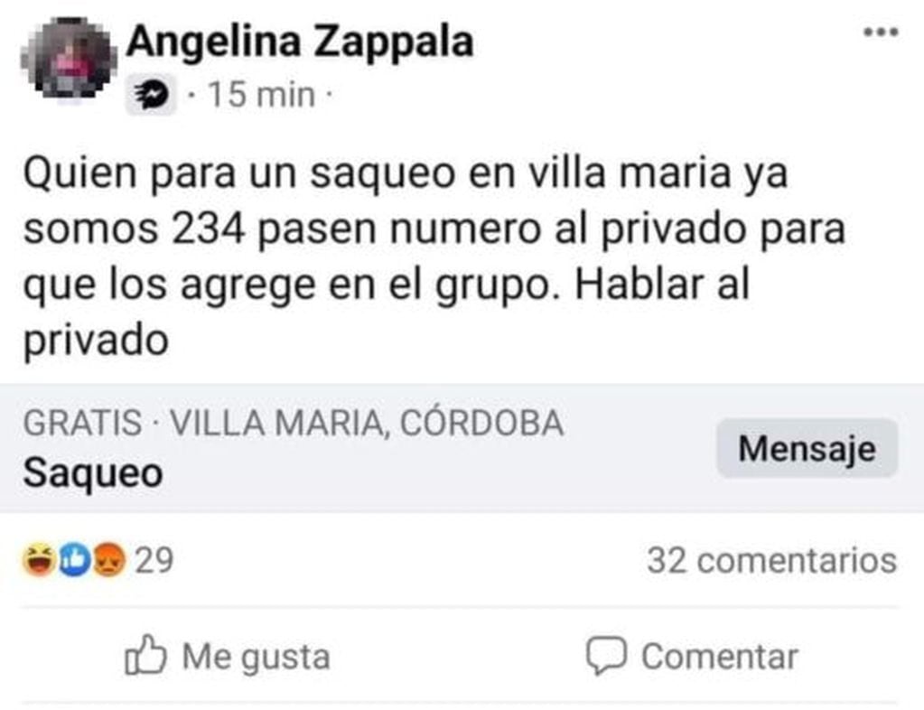 Angelina Zappala sería el perfil falso de la adolescente, acusada de organizar los saqueos en la localidad.
