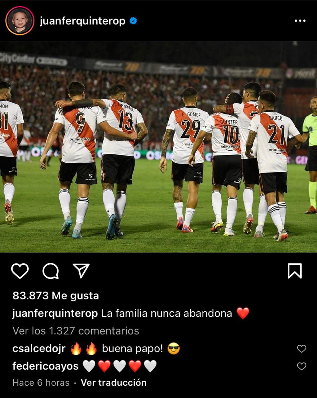 El posteo en Instagram de Juanfer Quintero bancando al plantel de River.