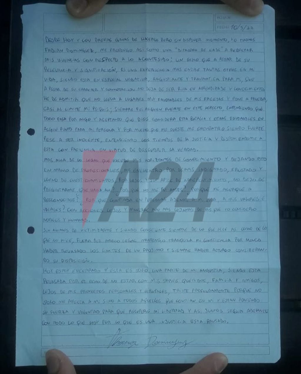 La carta de Thomás Domínguez, donde cuenta el dolor que está atravesando. Foto: A24.