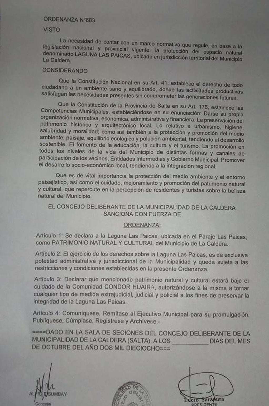 Ordenanza sancionada por el Concejo Deliberante de La Caldera (Web)