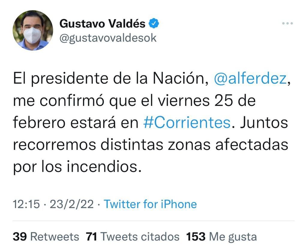 El Gobernador de Corrientes, Gustavo Valdés confirmó que el presidente Alberto Fernández recorrerá las zonas afectadas por los incendios el próximo viernes.