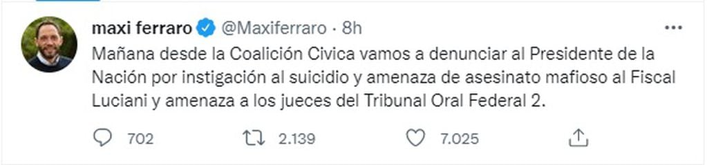 Denunciarán a Alberto Fernández por "instigación al suicidio" y "amenaza" al fiscal Luciani (Twitter @Maxiferraro)