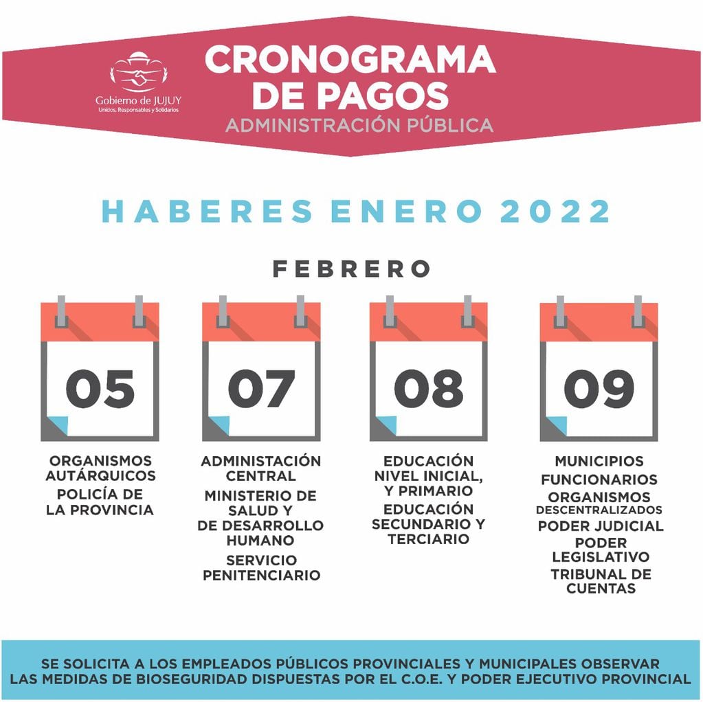 La grilla publicada por Tesorería de la Provincia anunciando los días de pago para los trabajadores estatales de Jujuy.