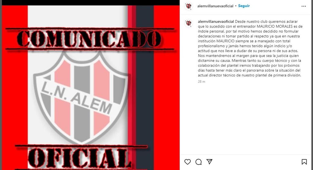 El comunicado oficial del Club Alem. (Instagram).