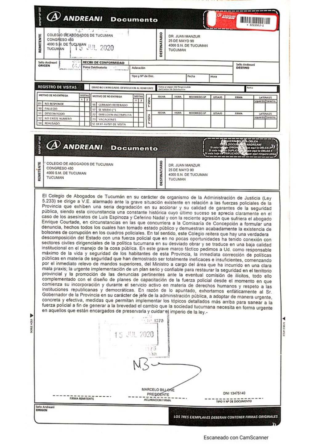 Carta documento solicitando la remoción del ministro de seguridad Claudio Malei.