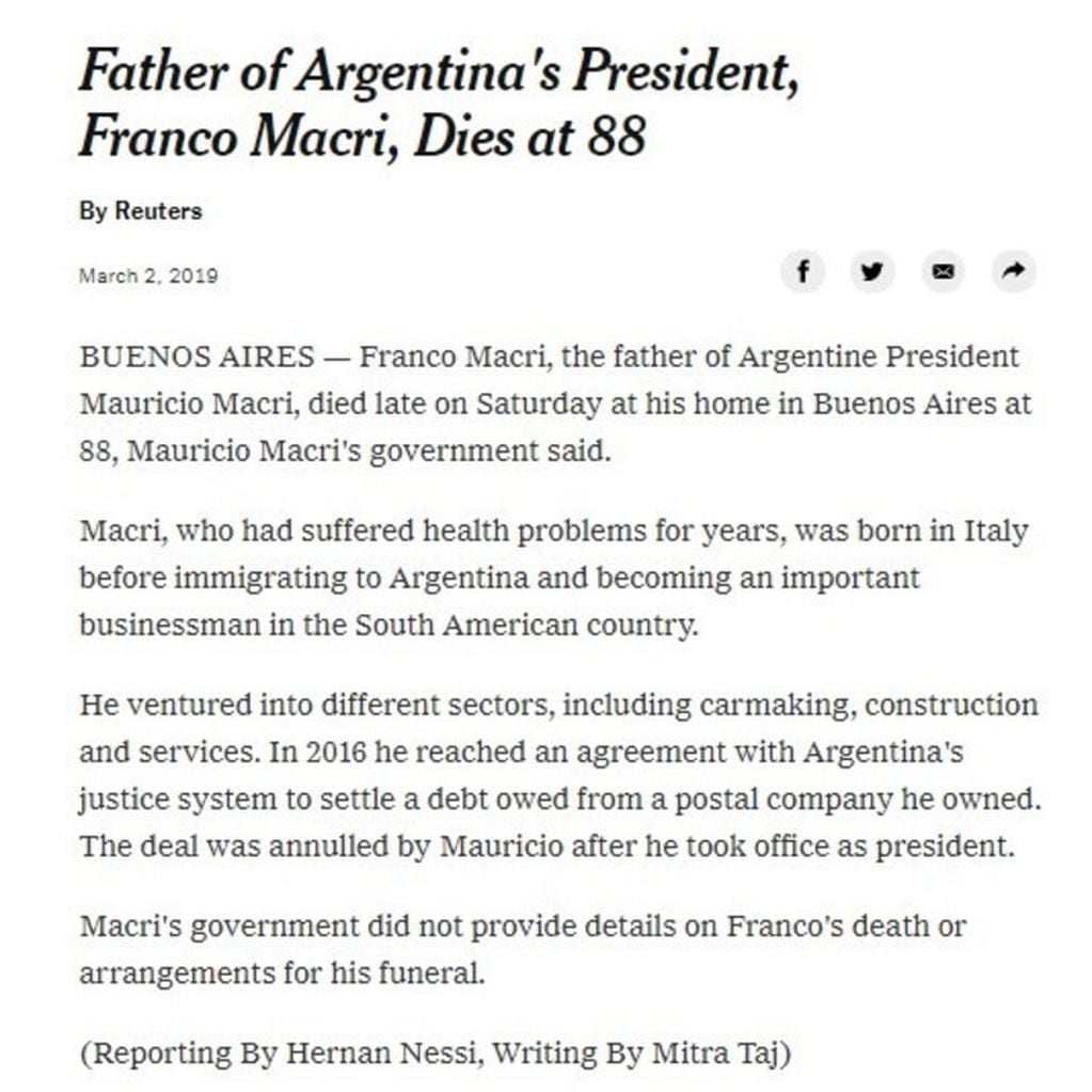 La muerte de Franco Macri en el sitio del New York Times.
