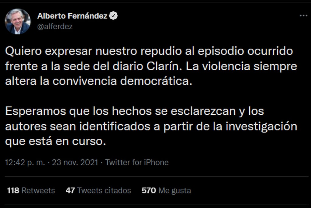Alberto Fernández condenó el ataque con bombas molotov en la puerta de la sede del diario Clarín