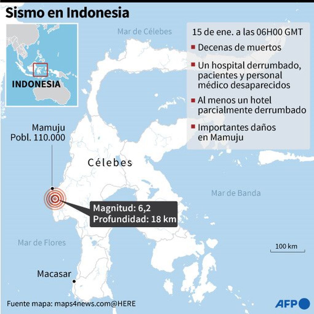 Mapa de Indonesia localizando un sismo de magnitud 6,2. (AFP)
