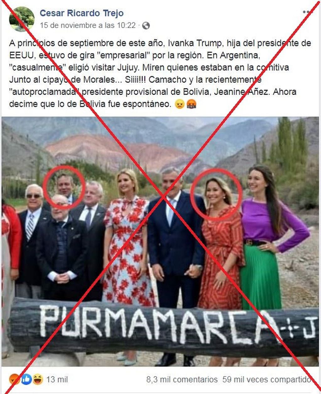Son falsos los posteos que afirman que Camacho y la presidenta interina de Bolivia posaron junto al gobernador de Jujuy en una foto.
