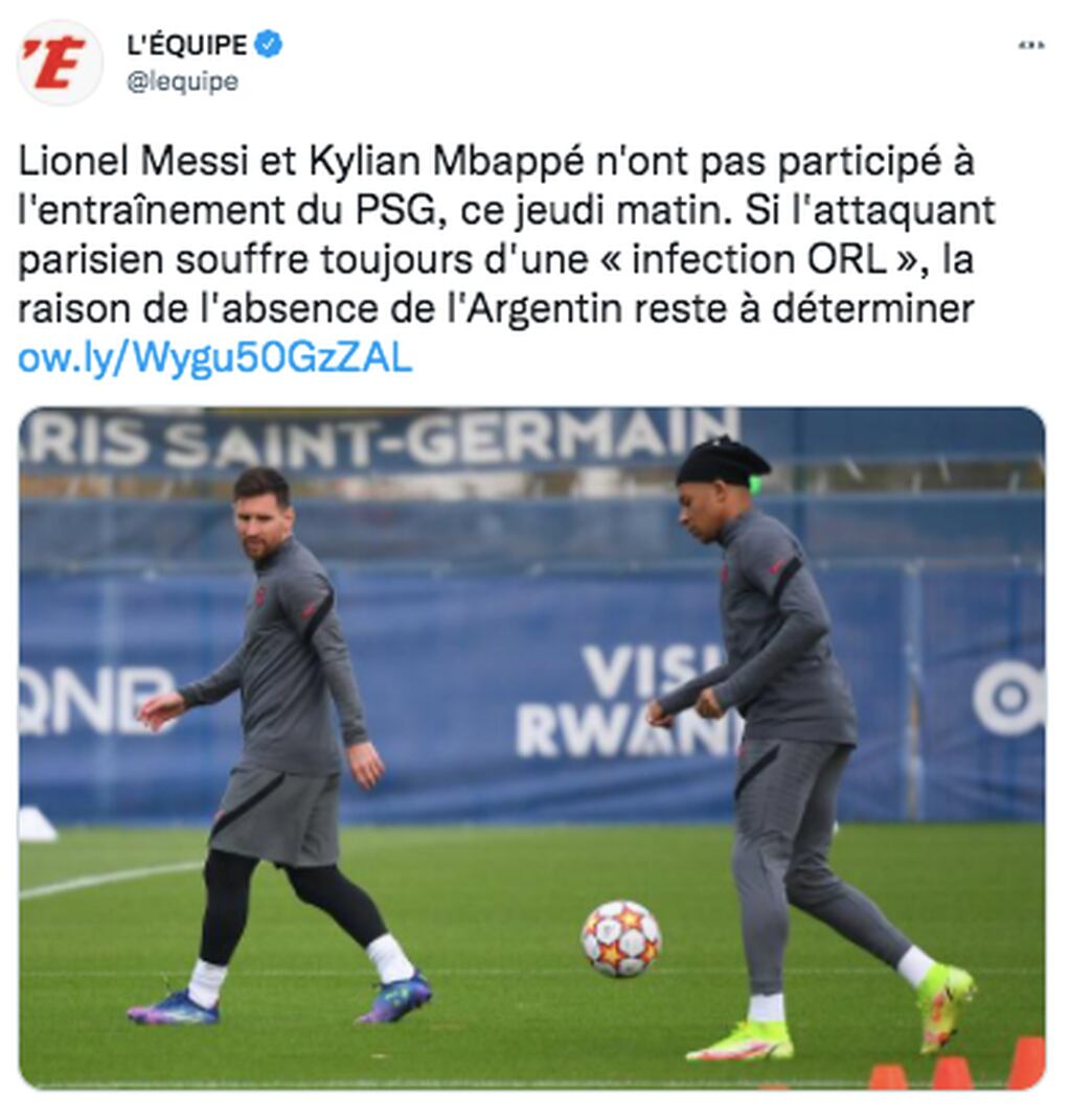 L'Equipe informó las ausencias de Lionel Messi y Kylian Mbappé en la práctica del PSG.